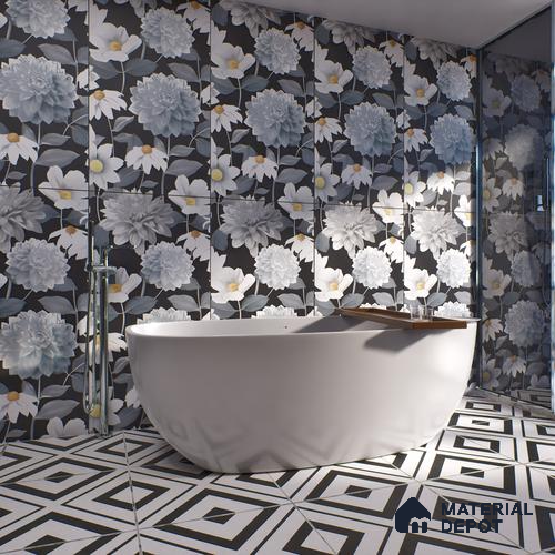 Floral Wall Tile | TL 07191 Stampa Floreale Black | 4 ft x 2 ft Matte Finish Vitrified Tile - 9 mm | Suitable For Living Room, Bathroom, Dining Area