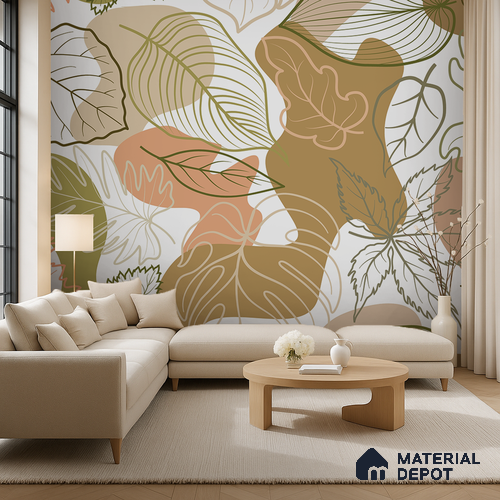 Leaf Geometry Warm Toned Poppy Spread | WP 04136 B Non Woven Matte Finish Tropical Style Premium Customized size Wallpaper | 150 GSM WP01MTF Paper | (MOQ = 30 Sq. Ft.)