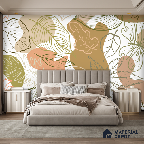 Leaf Geometry Warm Toned Poppy Spread | WP 04136 B Non Woven Matte Finish Tropical Style Premium Customized size Wallpaper | 150 GSM WP01MTF Paper | (MOQ = 30 Sq. Ft.)