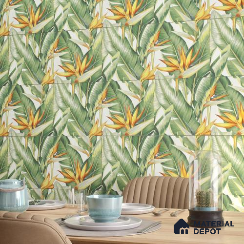 Tropical Wall Tile TL 00208 A Pattern 1 Lush Green 1 ft x 1 ft Matte Finish Ceramic Tile - 9 mm | Suitable For Bathroom, Balcony, Dining Area | Please Expect a Slight Variation of Pattern
