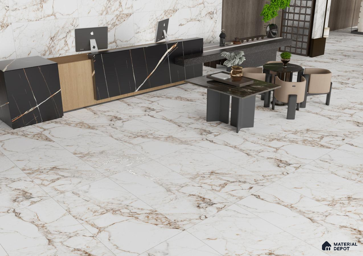 Elegant Office Reception with Marble-Inspired Tiles and Luxurious Accents | Material Depot