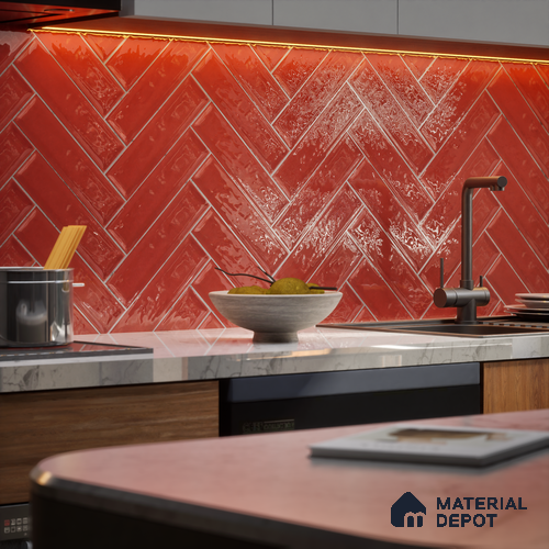 Subway Wall Tile TL 04966 H Cielo Shade 1 Bevelled Bonfire Red 12 x 3 inch Ceramic Glossy Finish - 6.5 mm | Suitable for Highlighter Walls, Foyer, Bathroom, Kitchen Wall & Backsplashes