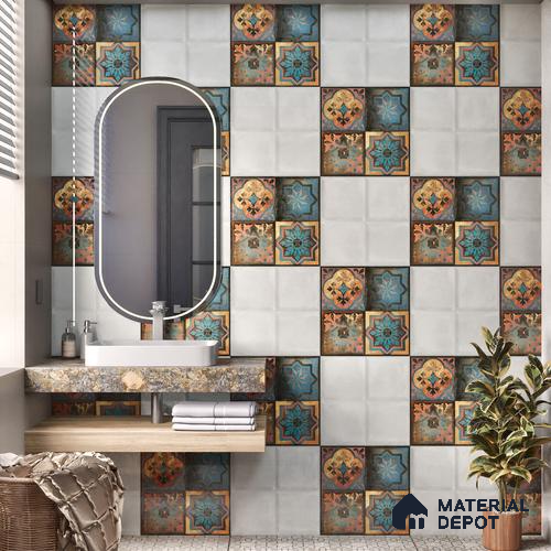 Moroccan Wall Tile TL 01453 B Piazza Elis Decor 1 ft x 1 ft Ceramic Glossy Finish Tile - 9 mm | Suitable for Bathroom, Kitchen & Balcony | Please Expect a Slight Variation of Pattern