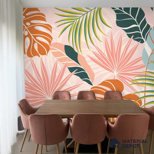 Peach Multi Colour Monstera Palm Tropical Abstract Serenity Art | WP 03920 Non Woven Matte Finish Tropical Style Premium Customized size Wallpaper | 150 GSM WP01MTF Paper | (MOQ = 30 Sq. Ft.)