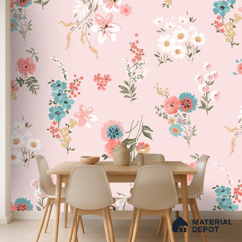 Petals That Drift Softly Vivid Pink Blue Daisy Bouquet | WP 04115 Canvas Texture Finish Florals Style luxurious Customized size Wallpaper | 250 GSM WP01CNF Paper | (MOQ = 30 Sq. Ft.)