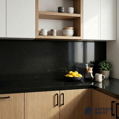 Belina Quartz QR 00007 Calacatta Noir Viola Series 10.75 ft x 5.42 ft Quartz - 20 mm | 7 Years Warranty | Suitable for Kitchen, Restaurant, Counter Tops, Dining, Reception, office