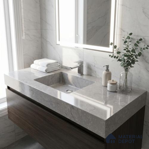 Belina Quartz QR 00010 Calacatta Frosted Viola Series 10.75 ft x 5.42 ft Quartz - 20 mm | 7 Years Warranty | Suitable for Kitchen, Restaurant, Counter Tops, Dining, Reception, office