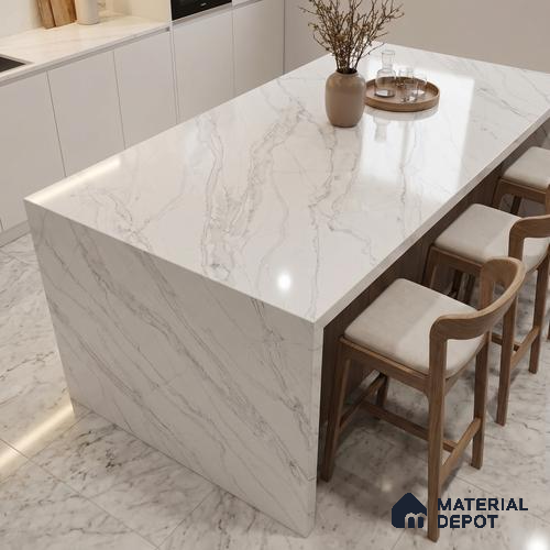 Belina Quartz QR 00038 Ivory Cascade Regalia Series 11.42 ft x 6.58 ft Quartz - 20 mm | 10 Years Warranty | Suitable for Kitchen, Restaurant, Counter Tops, Dining, Reception, office
