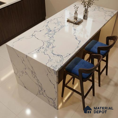 Belina Quartz QR 00079 C Calacatta Cobalt Vein Viola Series 10.75 ft x 2.71 ft Quartz - 20 mm | 7 Years Warranty | Suitable for Kitchen, Restaurant, Counter Tops, Dining, Reception, office