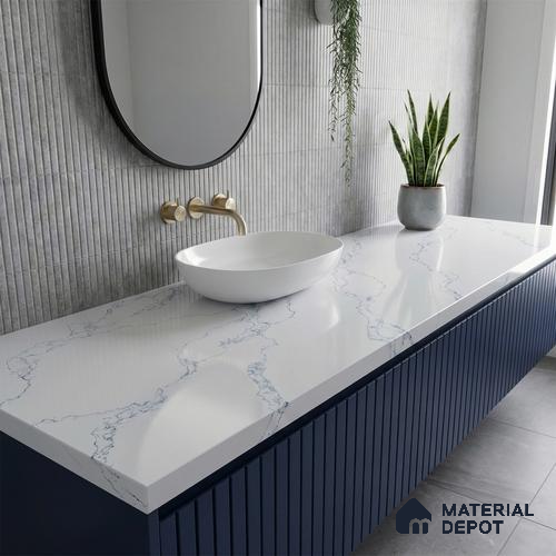 Belina Quartz QR 00079 Calacatta Cobalt Vein Viola Series 10.75 ft x 5.42 ft Quartz - 20 mm | 7 Years Warranty | Suitable for Kitchen, Restaurant, Counter Tops, Dining, Reception, office