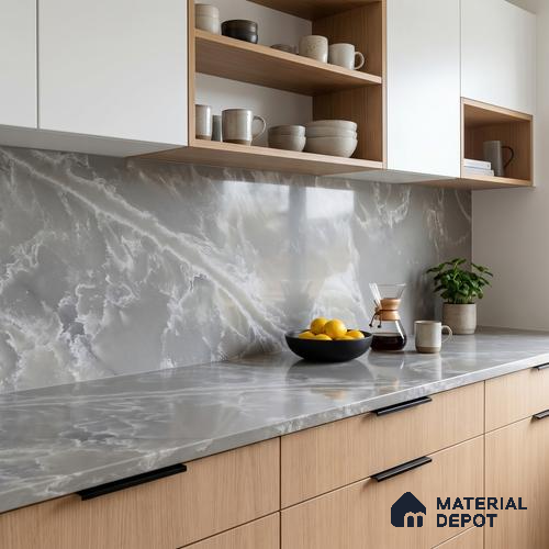 Belina Quartz QR 00097 Mist Veil Onyx Regalia Series 11.42 ft x 6.58 ft Quartz - 20 mm | 10 Years Warranty | Suitable for Kitchen, Restaurant, Counter Tops, Dining, Reception, office