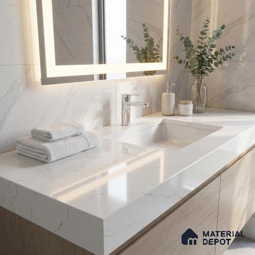 Belina Quartz QR 00176 Silver Mist Calacatta Value Series 10.5 ft x 5.25 ft Quartz - 20 mm | 5 Years Warranty | Suitable for Kitchen, Restaurant, Counter Tops, Dining, Reception, office