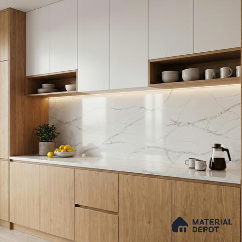 Belina Quartz QR 00180 Silver Cascade Value Series 10.5 ft x 5.25 ft Quartz - 20 mm | 5 Years Warranty | Suitable for Kitchen, Restaurant, Counter Tops, Dining, Reception, office