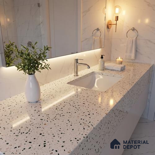 Belina Quartz QR 00185 Verde Terrazzo Series 10.6 ft x 5.31 ft Quartz - 20 mm | 5 Years Warranty | Suitable for Kitchen, Restaurant, Counter Tops, Dining, Reception, office