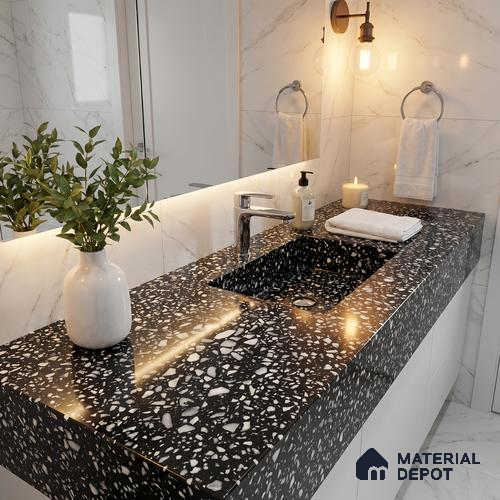 Belina Quartz QR 00186 Noir Terrazzo Value Series 8.01 ft x 5.38 ft Quartz - 20 mm | 5 Years Warranty | Suitable for Kitchen, Restaurant, Counter Tops, Dining, Reception, office