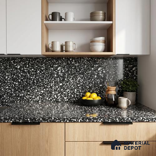 Belina Quartz QR 00186 Noir Terrazzo Value Series 8.01 ft x 5.38 ft Quartz - 20 mm | 5 Years Warranty | Suitable for Kitchen, Restaurant, Counter Tops, Dining, Reception, office