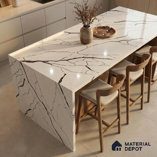 Belina Quartz QR 00188 Noir Cascade Value Series 10.5 ft x 5.25 ft Quartz - 20 mm | 5 Years Warranty | Suitable for Kitchen, Restaurant, Counter Tops, Dining, Reception, office