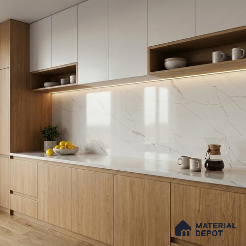 Belina Quartz QR 00189 Silver Cascade Value Series 10.5 ft x 5.25 ft Quartz - 20 mm | 5 Years Warranty | Suitable for Kitchen, Restaurant, Counter Tops, Dining, Reception, office