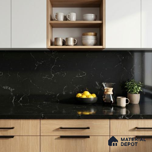 Belina Quartz QR 00221 Noir Cascade Helsinki Series 11.5 ft x 6.5 ft Quartz - 20 mm | 10 Years of Replacement Warranty | Suitable for Kitchen, Restaurant, Counter Tops, Dining, Reception, office