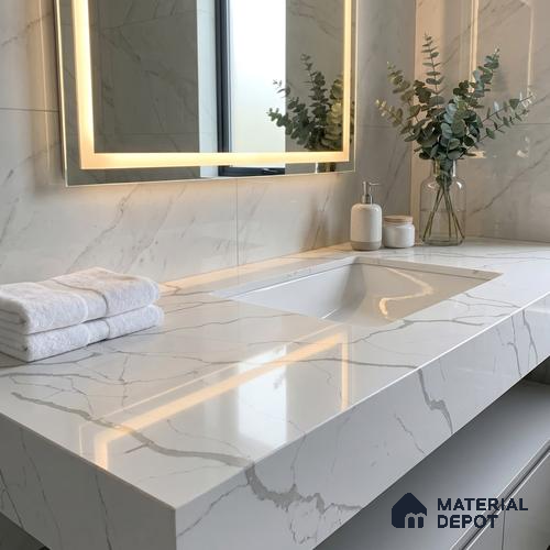Belina Quartz QR 00239 Serene Calacatta Helsinki Series 11.5 ft x 6.5 ft Quartz - 20 mm | 10 Years of Replacement Warranty | Suitable for Kitchen, Restaurant, Counter Tops, Dining, Reception, office