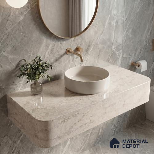 Belina Quartz QR 00281 Calacatta Aurelia Brown Helsinki Series 10.5 ft x 5.35 ft Quartz - 20 mm | 10 Years and Replacement Warranty | Suitable for Kitchen, Restaurant, Counter Tops, Dining, Reception, office