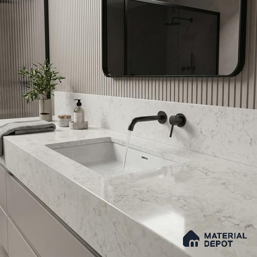 Belina Quartz QR 00282 Calacatta Belluno Grey Helsinki Series 10.5 ft x 5.35 ft Quartz - 20 mm | 10 Years and Replacement Warranty | Suitable for Kitchen, Restaurant, Counter Tops, Dining, Reception, office