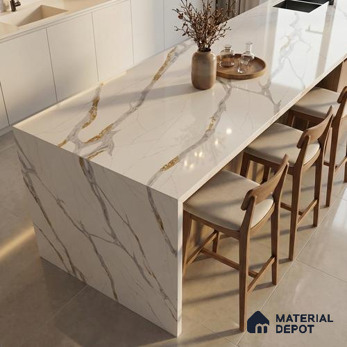 Belina Quartz QR 00283 Calacatta Luminara Helsinki Series 10.5 ft x 5.35 ft Quartz - 20 mm | 10 Years and Replacement Warranty | Suitable for Kitchen, Restaurant, Counter Tops, Dining, Reception, office