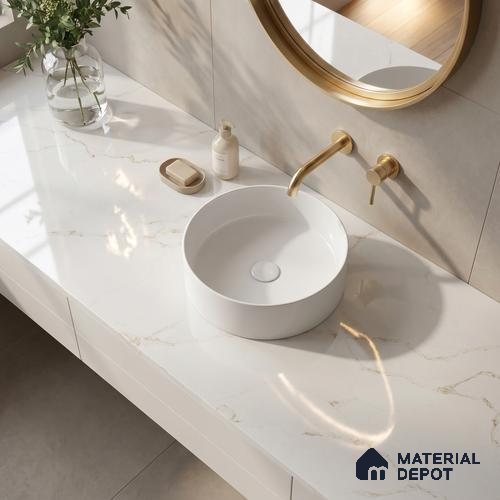 Belina Quartz QR 00287 B Calacatta Solaro Gold Helsinki Series 10.5 ft x 2.67 ft Quartz - 20 mm | 10 Years and Replacement Warranty | Suitable for Kitchen, Restaurant, Counter Tops, Dining, Reception, office
