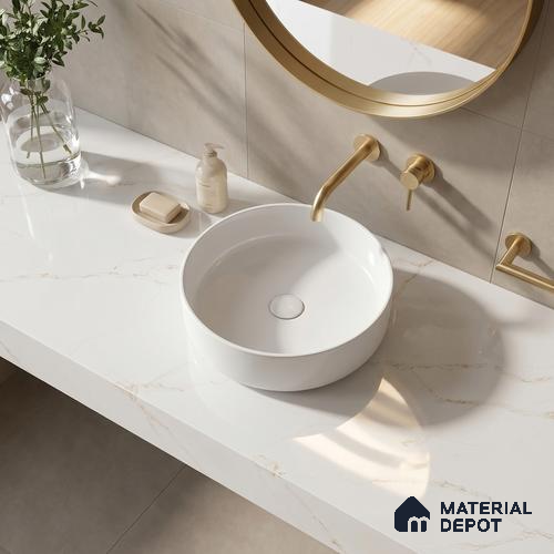 Belina Quartz QR 00287 Calacatta Solaro Gold Helsinki Series 10.5 ft x 5.35 ft Quartz - 20 mm | 10 Years and Replacement Warranty | Suitable for Kitchen, Restaurant, Counter Tops, Dining, Reception, office