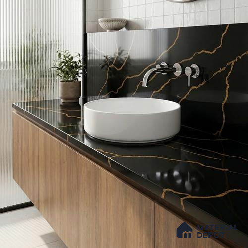 Belina Quartz QR 00291 Calacatta Golden Satwario Helsinki Series 10.5 ft x 5.35 ft Quartz - 20 mm | 10 Years and Replacement Warranty | Suitable for Kitchen, Restaurant, Counter Tops, Dining, Reception, office