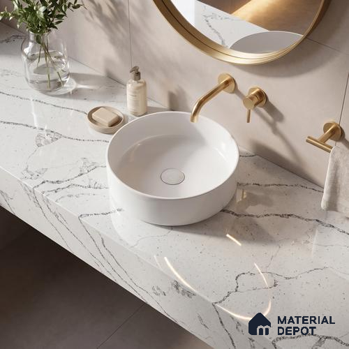 Belina Quartz QR 00296 Calacatta Marina Verona Helsinki Series 10.5 ft x 5.35 ft Quartz - 20 mm | 10 Years and Replacement Warranty | Suitable for Kitchen, Restaurant, Counter Tops, Dining, Reception, office