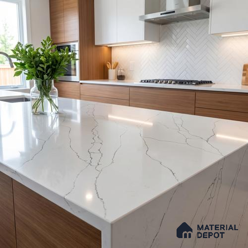 Belina Quartz QR 00297 Calacatta White Pearl Helsinki Series 10.5 ft x 5.35 ft Quartz - 20 mm | 10 Years and Replacement Warranty | Suitable for Kitchen, Restaurant, Counter Tops, Dining, Reception, office