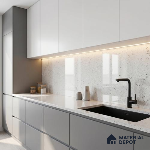 Belina Quartz QR 00309 B White Celestia Helsinki Series 10.5 ft x 2.79 ft Quartz - 20 mm | 10 Years and Replacement Warranty | Suitable for Kitchen, Restaurant, Counter Tops, Dining, Reception, office