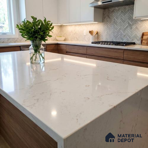Belina Quartz QR 00322 Carrara Gold Aura Helsinki Series 10.5 ft x 5.35 ft Quartz - 20 mm | 10 Years and Replacement Warranty | Suitable for Kitchen, Restaurant, Counter Tops, Dining, Reception, office