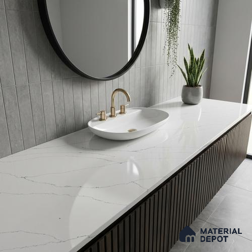 Belina Quartz QR 00343 B Calacatta Whisper Jumbo Helsinki Series 10.83 ft x 5.41 ft Quartz - 20 mm | 10 Years and Replacement Warranty | Suitable for Kitchen, Restaurant, Counter Tops, Dining, Reception, office
