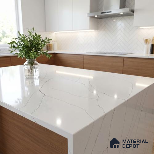 Belina Quartz QR 00343 B Calacatta Whisper Jumbo Helsinki Series 10.83 ft x 5.41 ft Quartz - 20 mm | 10 Years and Replacement Warranty | Suitable for Kitchen, Restaurant, Counter Tops, Dining, Reception, office
