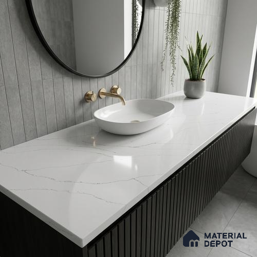 Belina Quartz QR 00343 Calacatta Whisper Mini Jumbo Helsinki Series 10.53 ft x 4.79 ft Quartz - 20 mm | 10 Years and Replacement Warranty | Suitable for Kitchen, Restaurant, Counter Tops, Dining, Reception, office