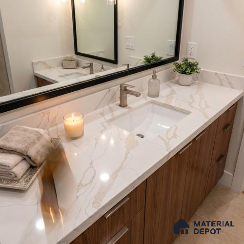 Belina Quartz QR 00346 Calacatta Drift Mini Jumbo Helsinki Series 10.53 ft x 4.79 ft Quartz - 20 mm | 10 Years and Replacement Warranty | Suitable for Kitchen, Restaurant, Counter Tops, Dining, Reception, office