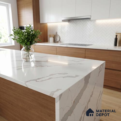 Belina Quartz QR 00347 B Ivory Cascade Jumbo Helsinki Series 10.83 ft x 5.41 ft Quartz - 20 mm | 10 Years and Replacement Warranty | Suitable for Kitchen, Restaurant, Counter Tops, Dining, Reception, office