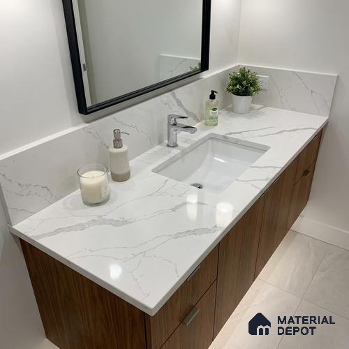 Belina Quartz QR 00349 Luminous Calacatta Mini Jumbo Helsinki Series 10.53 ft x 4.79 ft Quartz - 20 mm | 10 Years and Replacement Warranty | Suitable for Kitchen, Restaurant, Counter Tops, Dining, Reception, office