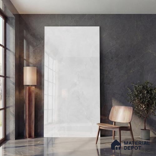 Marble Look Wall & Floor Tile TL 05836 Mountain White 8 ft x 4 ft High Gloss Finish Vitrified Large Format Tile - 9 mm | Suitable for Living Room, Bedroom, Office | Adhesive and Spacers Must be Used During Installation