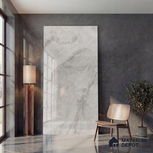 Marble Look Wall & Floor Tile TL 05835 Paradise Grey 8 ft x 4 ft High Gloss Finish Vitrified Large Format Tile - 9 mm | Suitable for Living Room, Bedroom, Office | Adhesive and Spacers Must be Used During Installation
