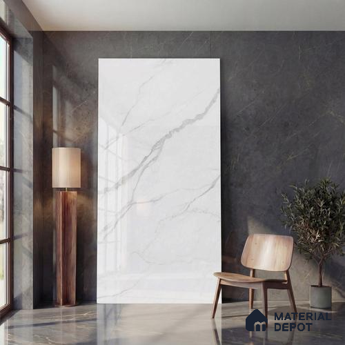 Marble Look Wall & Floor Tile TL 05839 Statuario Nevo 8 ft x 4 ft High Gloss Finish Vitrified Large Format Tile - 9 mm | Suitable for Living Room, Bedroom, Office | Adhesive and Spacers Must be Used During Installation