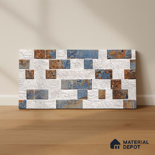 Multi Colour Stacked Stone Wall Tile TL 06722 B Lustra Embered Summit 2 ft x 1 ft Ceramic Carving Satin Finish - 9 mm | | Suitable for Living Room, Bedroom, Bathroom