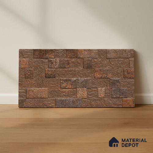 Brown Stacked Stone Wall Tile TL 06722 C Lustra Coppered Peaks 2 ft x 1 ft Ceramic Carving Satin Finish - 9 mm | | Suitable for Living Room, Bedroom, Bathroom