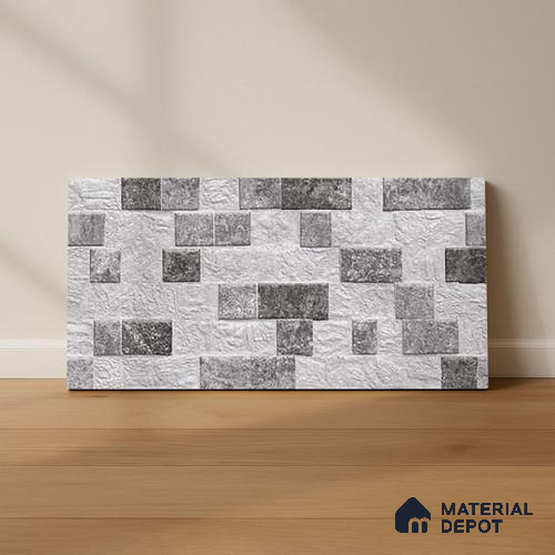 Grey Stacked Stone Wall Tile TL 06722 D Lustra Ashen Heights 2 ft x 1 ft Ceramic Carving Satin Finish - 9 mm | | Suitable for Living Room, Bedroom, Bathroom