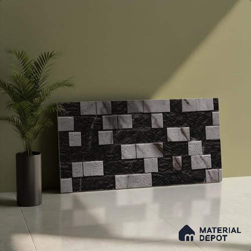 Grey Stacked Stone Wall Tile TL 06722 E Lustra Smoked Glacier 2 ft x 1 ft Ceramic Carving Satin Finish - 9 mm | | Suitable for Living Room, Bedroom, Bathroom