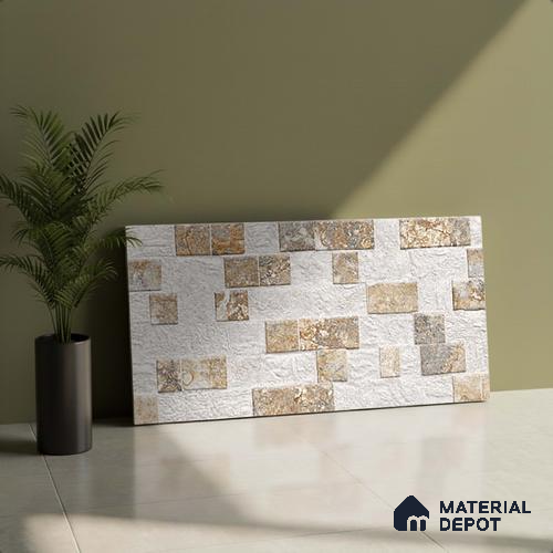 Cream Stacked Stone Wall Tile TL 06722 Lustra Alpine Serenity 2 ft x 1 ft Ceramic Carving Satin Finish - 9 mm | | Suitable for Living Room, Bedroom, Bathroom
