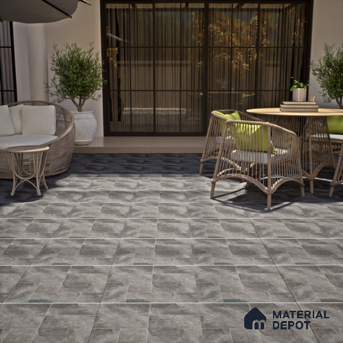 Cement Floor Tile TL 06023 F Spectra Nero 2 ft x 2 ft Vitrified Matte Slate Punch Finish - 12 mm | 6 Random Design | Ideal For Living Room, Bathroom, Restaurants