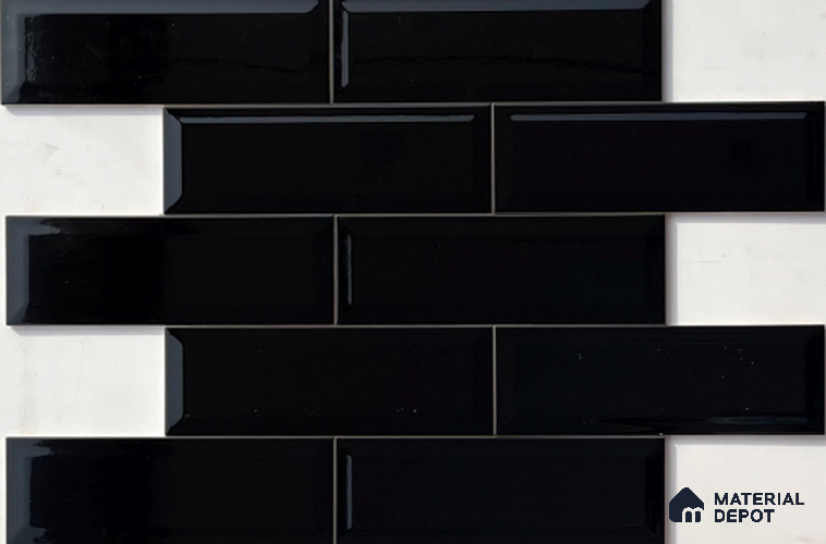 TL 00001 F 12x4 inches Black Bevelled Glossy Finish Ceramic Wall Tile - 7 mm